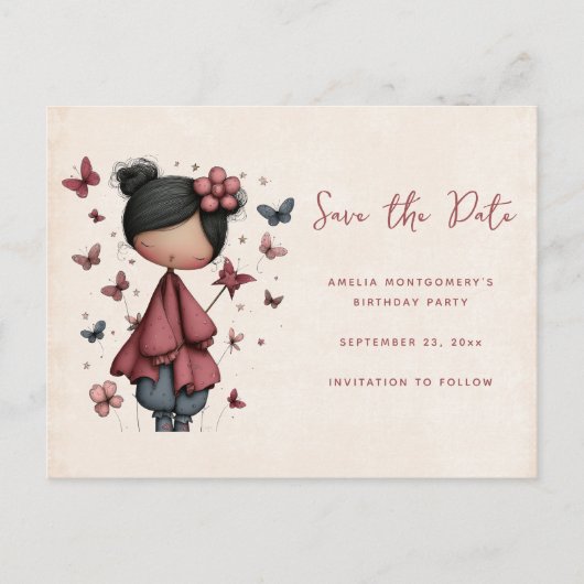 Whimsical Fairy Doll Retro Cute 案内ポストカード (正面)