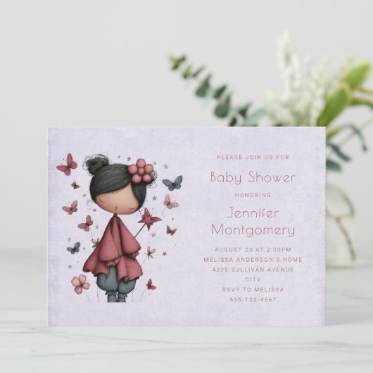 Whimsical Fairy Doll Retro Cute Baby Shower 招待状 (スタンド正面)