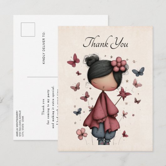 Whimsical Fairy Doll Retro Cute Thank You ポストカード (正面/裏面)
