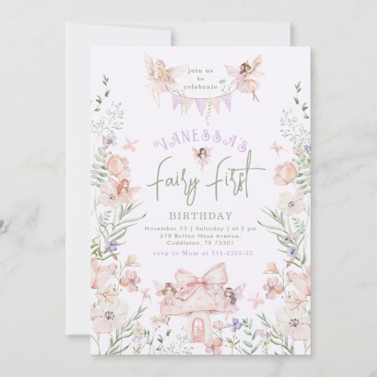 Whimsical Fairy First Birthday Enchanted forest 招待状 (正面)