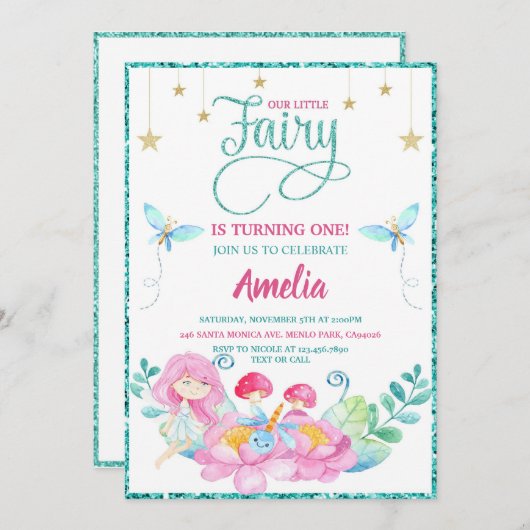 Whimsical Fairy First Magic Birthday 招待状 (正面/裏面)