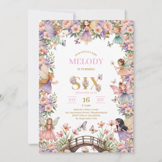 Whimsical Fairy flower 6th birthday Invitation 招待状 (正面)