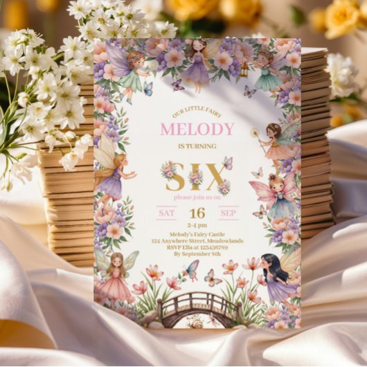 Whimsical Fairy flower 6th birthday Invitation 招待状