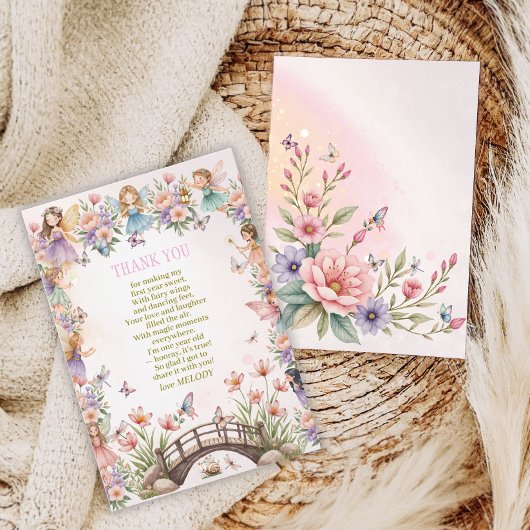 Whimsical fairy garden 1st birthday サンキューカード