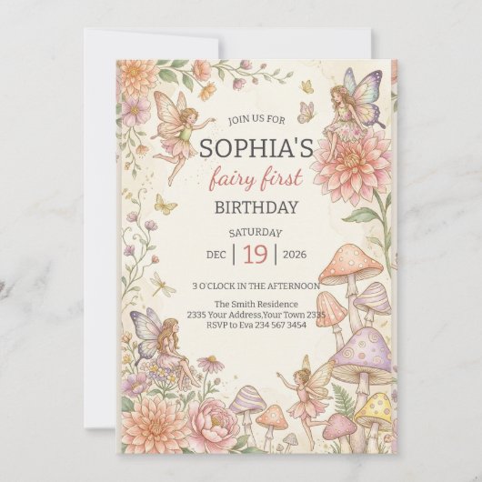 Whimsical Fairy Garden 1st Birthday 招待状 (正面)