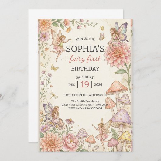 Whimsical Fairy Garden 1st Birthday 招待状 (正面/裏面)