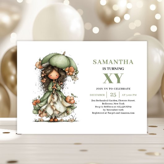Whimsical Fairy Girl Birthday Sage Floral Invite 招待状