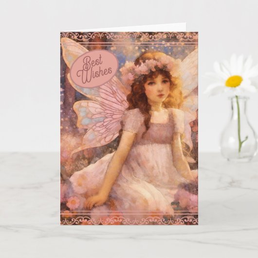 Whimsical Fairy in Dreamy Pink Floral Garden カード (小さな植物)