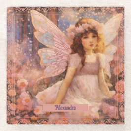 Whimsical Fairy in Dreamy Pink Floral Garden ガラスコースター