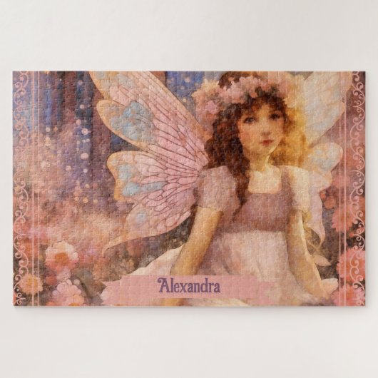 Whimsical Fairy in Dreamy Pink Floral Garden ジグソーパズル (横)