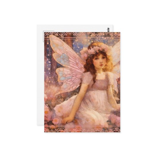 Whimsical Fairy in Dreamy Pink Floral Garden ポストカード (正面/裏面インサイチュ)
