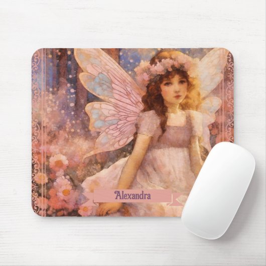 Whimsical Fairy in Dreamy Pink Floral Garden マウスパッド (マウス)