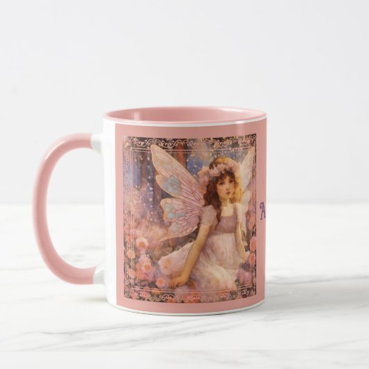 Whimsical Fairy in Dreamy Pink Floral Garden マグカップ (左)