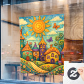 Whimsical Fairy Tale Village Colorful Canvas Art ウィンドウサイン (カフェ窓)