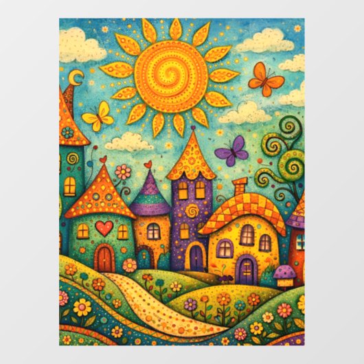 Whimsical Fairy Tale Village Colorful Canvas Art ウィンドウサイン (シート)