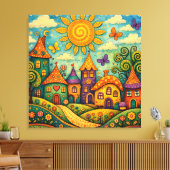 Whimsical Fairy Tale Village Colorful Canvas Art キャンバスプリント (インサイチュ (リビング))