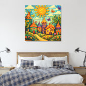 Whimsical Fairy Tale Village Colorful Canvas Art キャンバスプリント (インサイチュ (寝室))