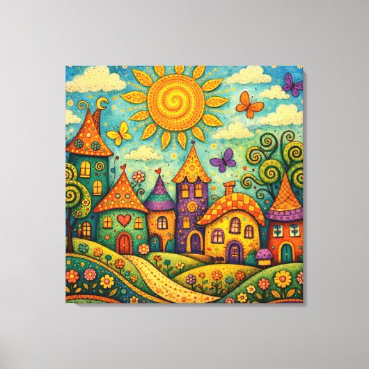 Whimsical Fairy Tale Village Colorful Canvas Art キャンバスプリント (正面)