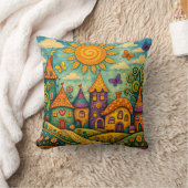 Whimsical Fairy Tale Village Colorful Canvas Art クッション (ブランケット)