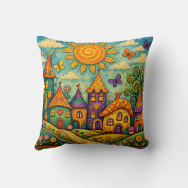 Whimsical Fairy Tale Village Colorful Canvas Art クッション