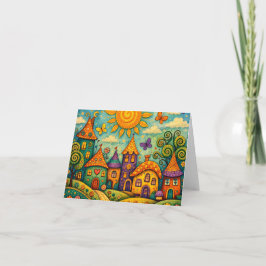 Whimsical Fairy Tale Village Colorful Canvas Art サンキューカード