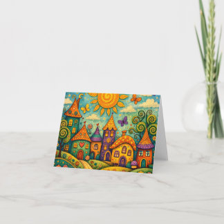 Whimsical Fairy Tale Village Colorful Canvas Art サンキューカード
