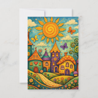 Whimsical Fairy Tale Village Colorful Canvas Art サンキューカード