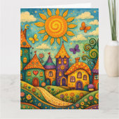 Whimsical Fairy Tale Village Colorful Canvas Art サンキューカード (正面)
