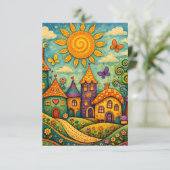 Whimsical Fairy Tale Village Colorful Canvas Art サンキューカード (スタンド正面)