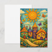 Whimsical Fairy Tale Village Colorful Canvas Art サンキューカード (正面/裏面)