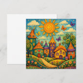 Whimsical Fairy Tale Village Colorful Canvas Art サンキューカード (正面/裏面)