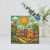 Whimsical Fairy Tale Village Colorful Canvas Art サンキューカード (スタンド正面)