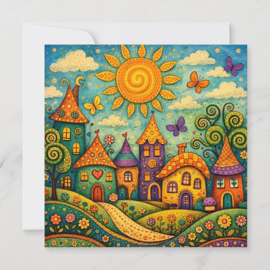 Whimsical Fairy Tale Village Colorful Canvas Art サンキューカード (正面)