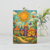 Whimsical Fairy Tale Village Colorful Canvas Art サンキューカード (スタンド正面)