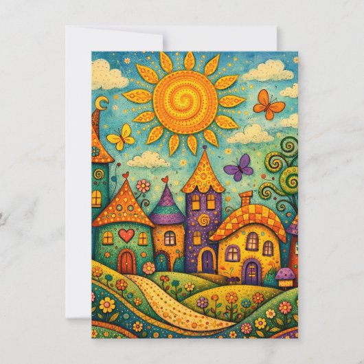Whimsical Fairy Tale Village Colorful Canvas Art サンキューカード (正面)