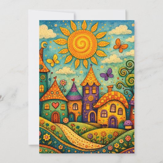 Whimsical Fairy Tale Village Colorful Canvas Art サンキューカード (正面)