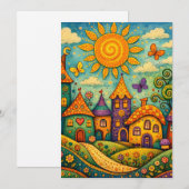 Whimsical Fairy Tale Village Colorful Canvas Art サンキューカード (正面/裏面)