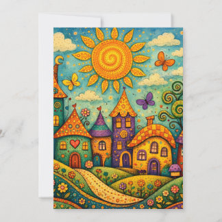 Whimsical Fairy Tale Village Colorful Canvas Art サンキューカード