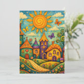 Whimsical Fairy Tale Village Colorful Canvas Art サンキューカード (スタンド正面)