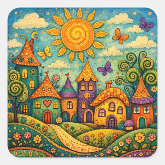 Whimsical Fairy Tale Village Colorful Canvas Art スクエアシール (正面)