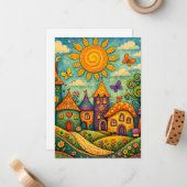 Whimsical Fairy Tale Village Colorful Canvas Art ノートカード (正面/裏面インサイチュ)