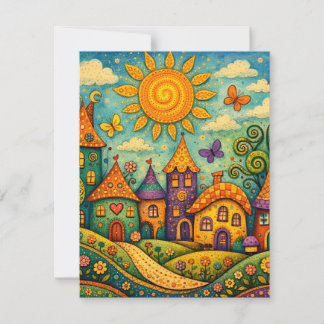 Whimsical Fairy Tale Village Colorful Canvas Art ノートカード
