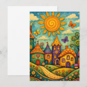 Whimsical Fairy Tale Village Colorful Canvas Art ノートカード (正面/裏面)