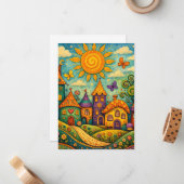 Whimsical Fairy Tale Village Colorful Canvas Art ノートカード (正面/裏面インサイチュ)