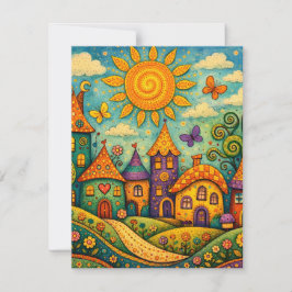 Whimsical Fairy Tale Village Colorful Canvas Art ノートカード