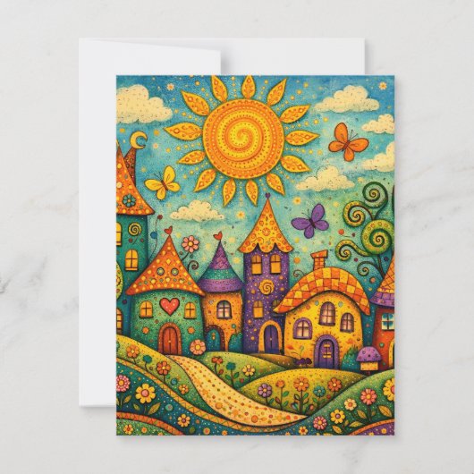 Whimsical Fairy Tale Village Colorful Canvas Art ノートカード (正面)