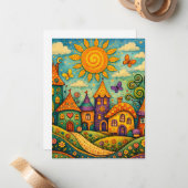 Whimsical Fairy Tale Village Colorful Canvas Art ノートカード (正面/裏面インサイチュ)