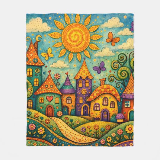 Whimsical Fairy Tale Village Colorful Canvas Art フリースブランケット (正面)