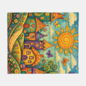 Whimsical Fairy Tale Village Colorful Canvas Art フリースブランケット (正面(横))