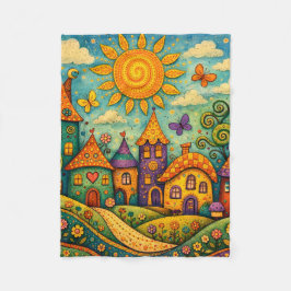 Whimsical Fairy Tale Village Colorful Canvas Art フリースブランケット